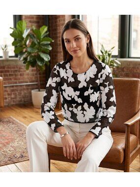 Black & White Floral Mesh Long Sleeve Top By Caribbean Queen - Small